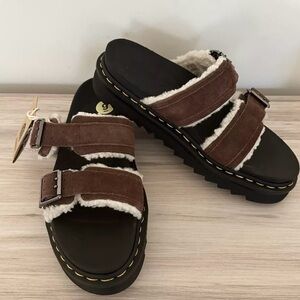 Doc Martens Myles Fur Lined Buckle Slide Sandals‎ Dark Brown Suede Men’s 9